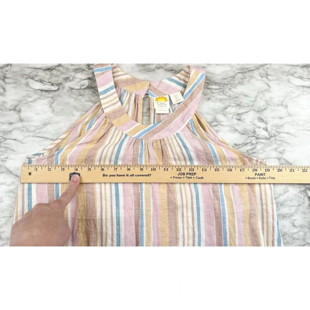 C&C California Multicolor Stripe Sleeveless 100% Linen Dress Size S Shift Beach - Picture 6 of 7